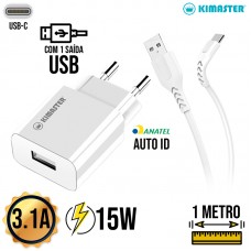 Kit Carregador 1 USB 15W + Cabo Tipo C 1m T502UC Kimaster - Branco